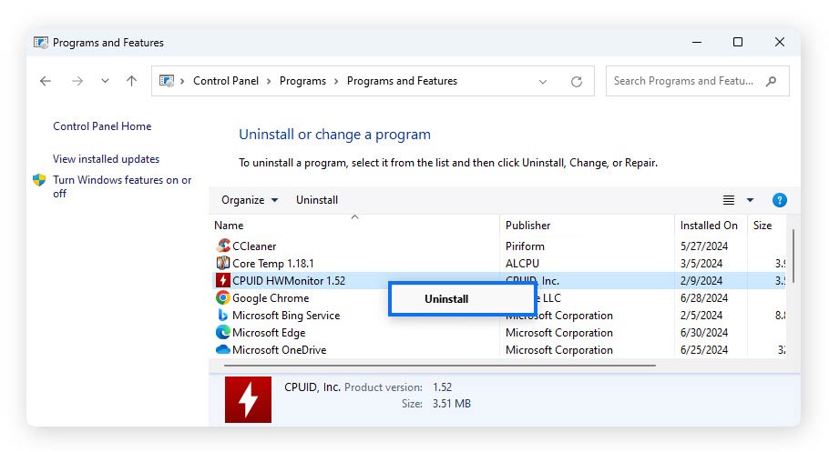 Screenshot of the Windows Programs and Features > Uninstall.