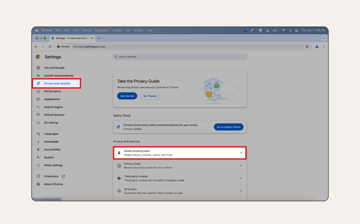 A screenshot of the 'Privacy and security' settings in Chrome. 