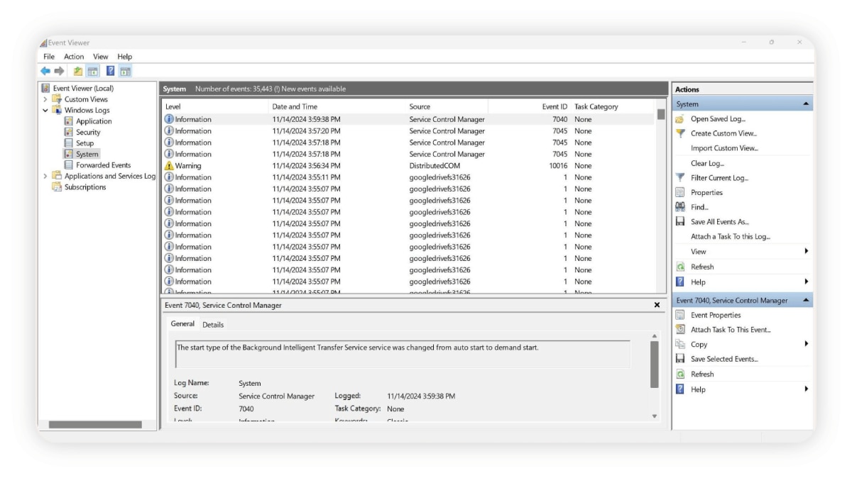 A screenshot of the Event Viewer on a Windows computer.